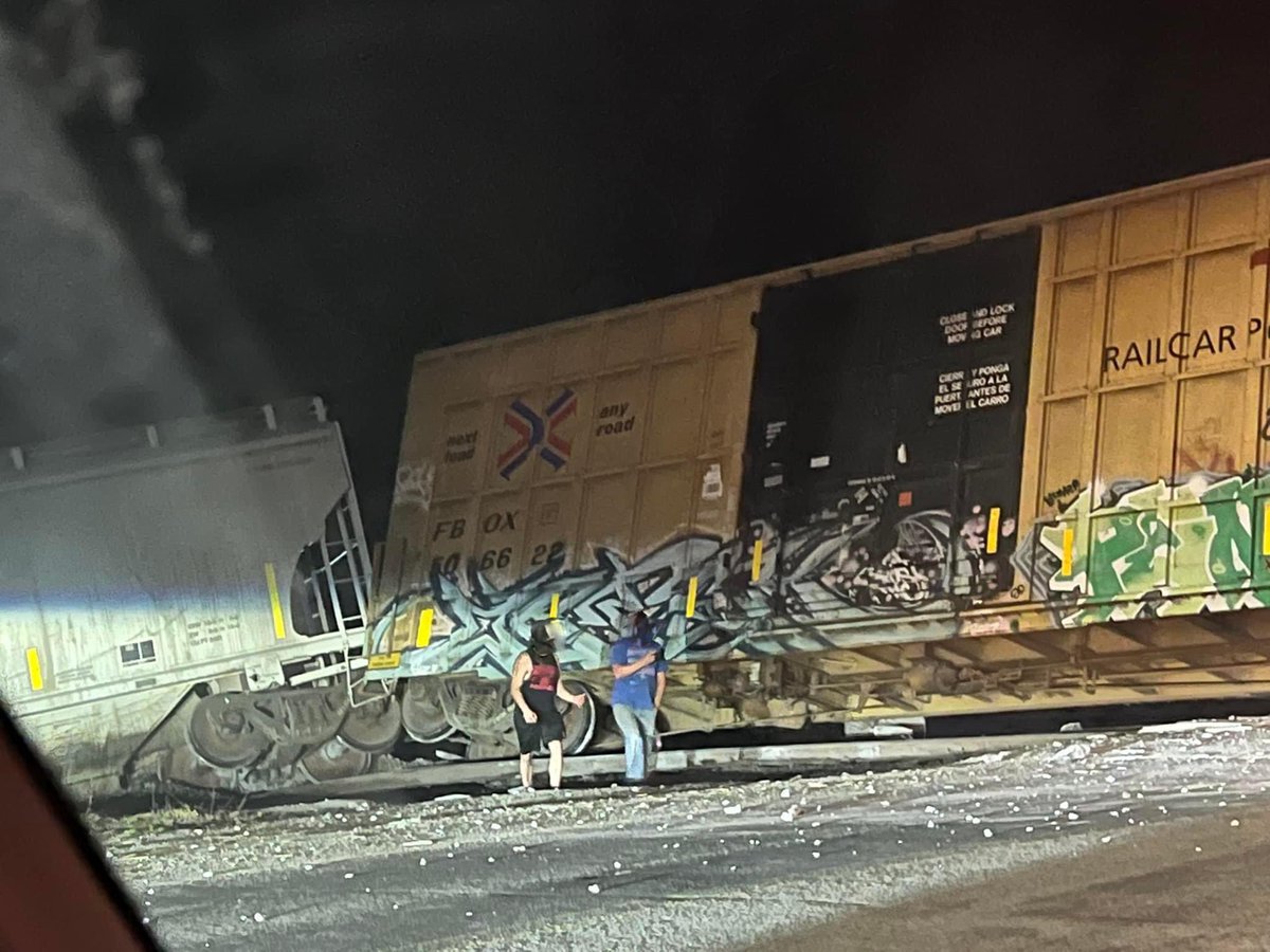 Train derailed 11:52pm Mahoningtown, New Castle at Rt 18 by Rt 108 - 8-10 derailed out of 200  carsn- 1 carrying hazardous materials, NOT LEAKING - 2-3 on bridge crossing Mahoning River are stablen- 2 crew members safe