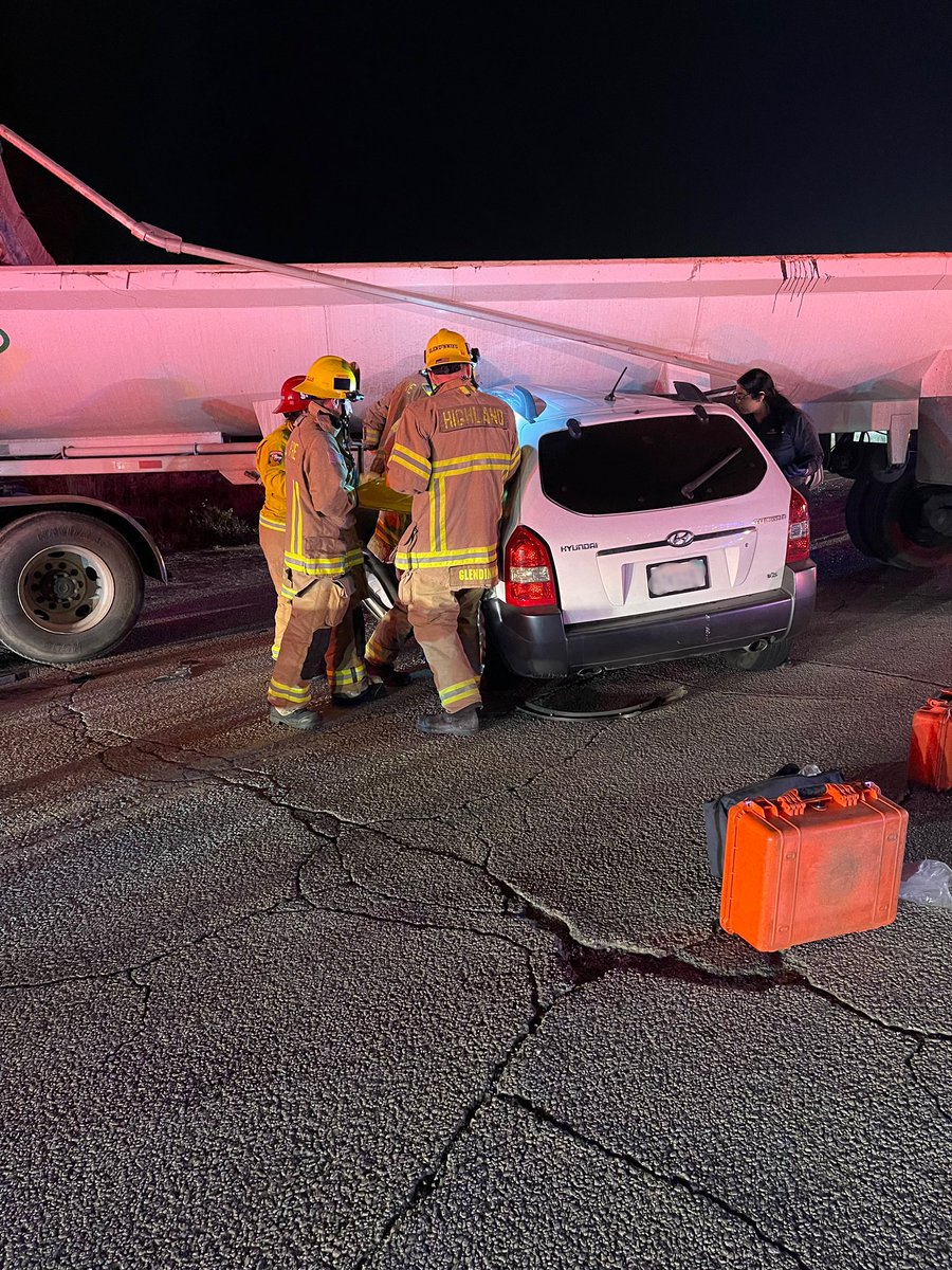 Traffic Collision with extrication reported at 12:45 a.m 8200 blk Orange Street, Highland. Semi Truck vs Vehicle. 1 patient transported by ground ambulance to a local area hospital.