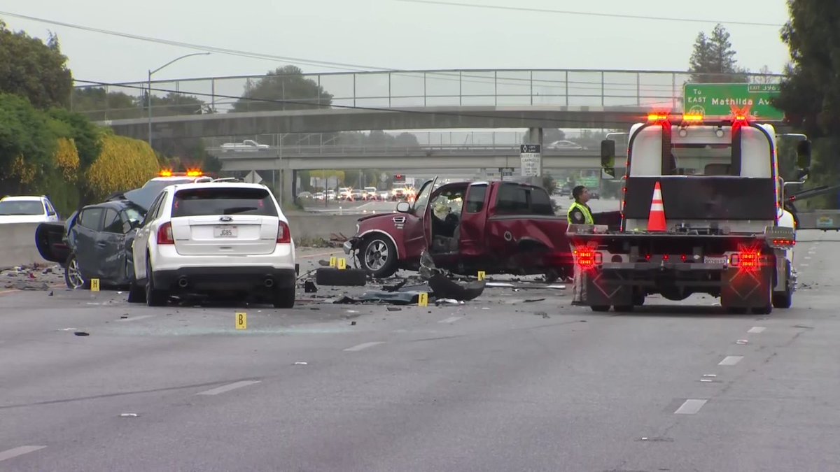 Three people who got out of their cars following a chain-reaction crash on Highway 101 in Sunnyvale were struck and killed by other vehicles, the CHP believes. Five other people were taken to the hospital.