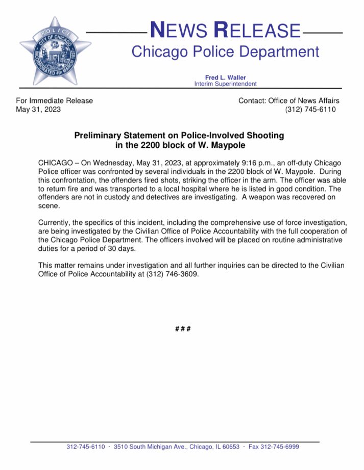 Preliminary Statement on Police Involved Shooting in the 2200 block of W. Maypole
