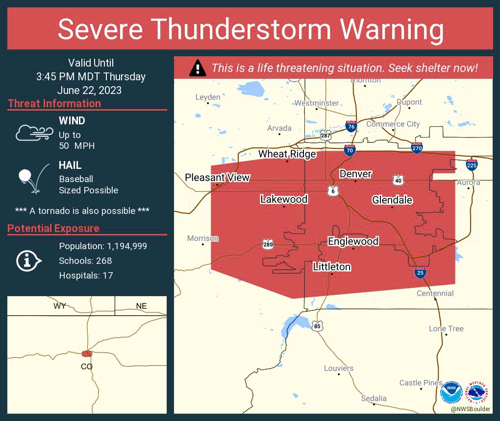 Storm containing baseball sized hail moving towards Denver, Colorado; residents urged to seek immediate shelter