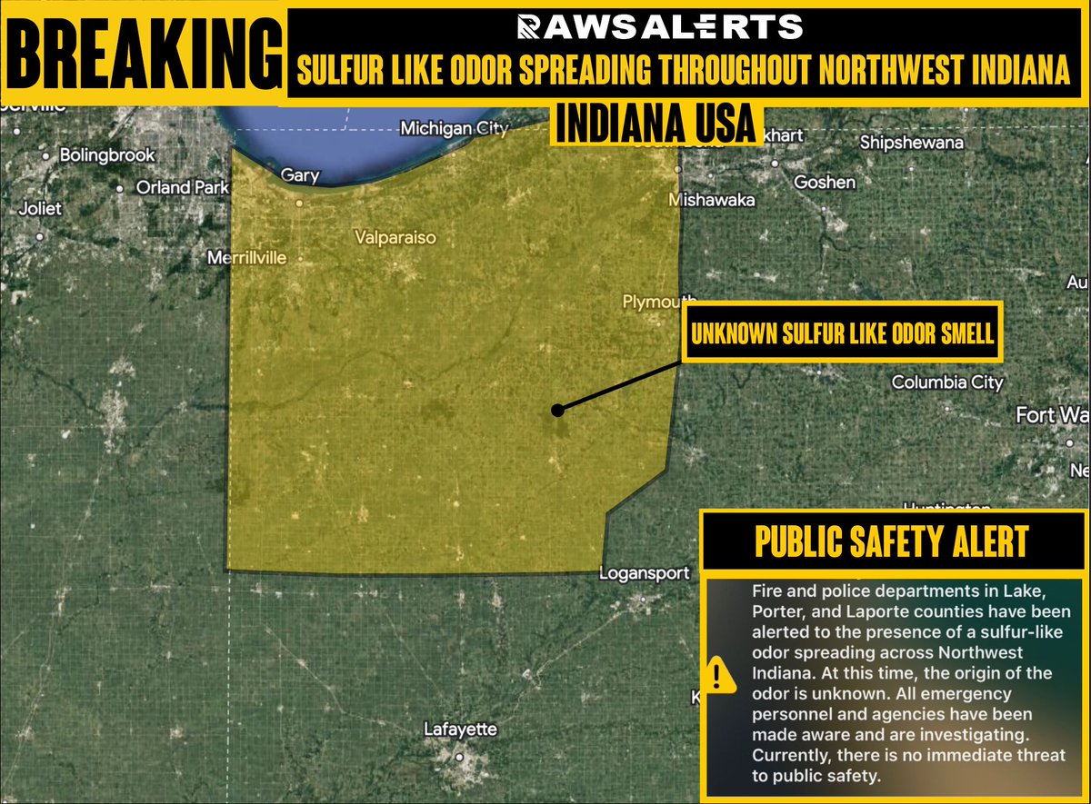 Authorities are  investigating Strong sulfur like odor spreading throughout northwest Indiana. Currently Multiple authorities and emergency personnel in northwest Indiana are investigating a strong sulfur-like odor.