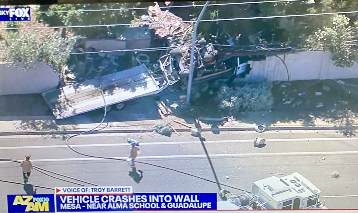 A City of Mesa public works truck has crashed into a block wall near Alma School and Guadalupe.  The vehicle that it was carrying on the flat bed appears to have rolled up and over near the truck's cab.  No word yet on any injuries.