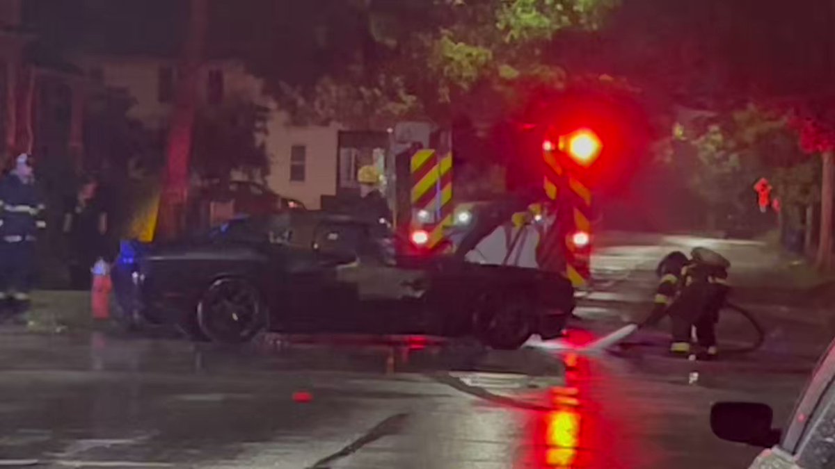 A patrolling Cleveland Policeman discovered this Dodge Challenger fully engulfed in flames on Norwood at Superior Avenue. No injuries were reported