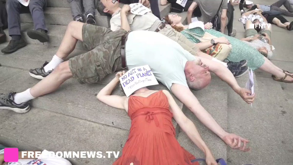 Climate Activists, including Extinction Rebellion, die-in in front of the Met.  Group is protesting people who were arrested in Washington DC and are charged with Federal crimes after putting paint on sculptures covering glass