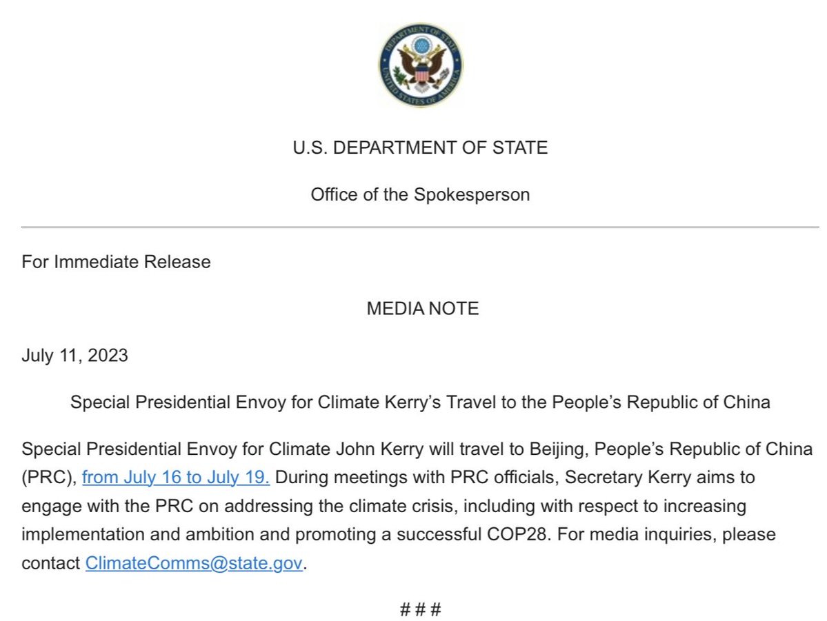 Presidential Envoy ⁦John Kerry heads to Beijing July 16-19 for meetings with Chinese officials about the climate crisis; he’ll be the third Biden cabinet member to visit in recent weeks. CIA Director Burns was the 1st US official to visit before Blinken & Yellen