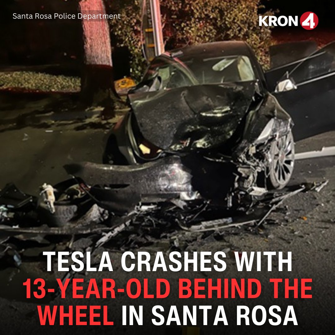 Santa Rosa police say a 13-year-old girl crashed her parents' Tesla into three parked cars, a utility pole and a street sign before coming to a stop