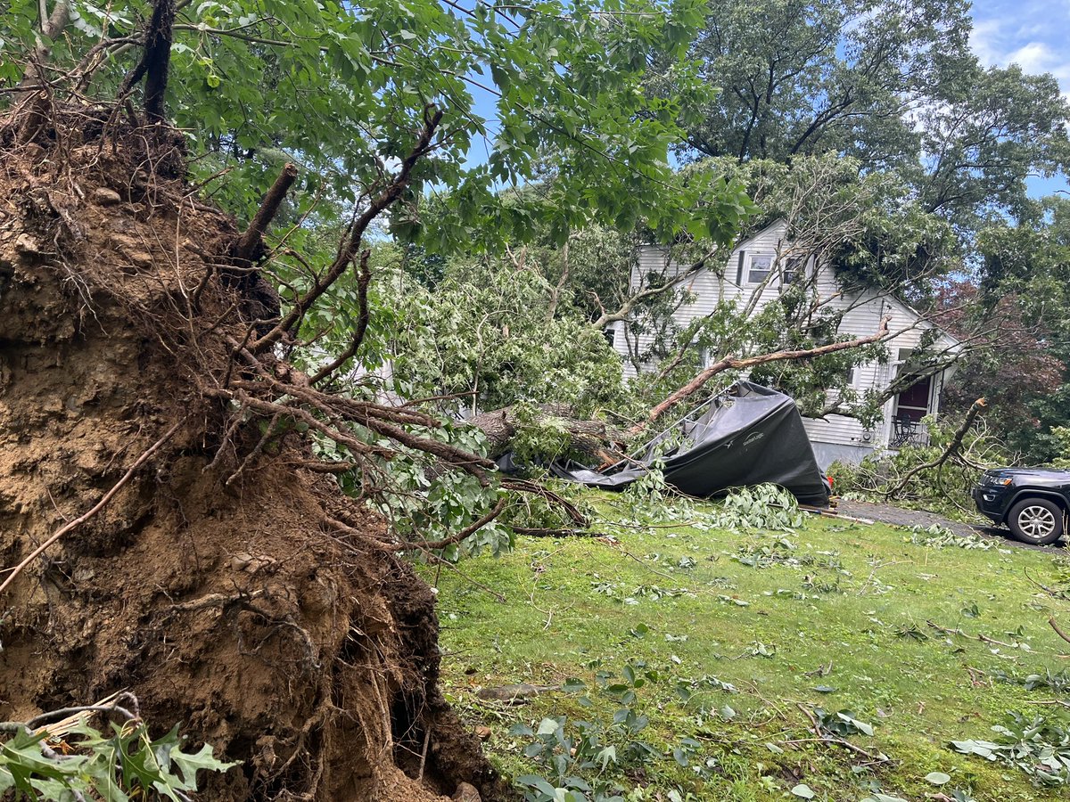 In Stoughton trees down at three properties all next to each other. Houses and sheds hit. Crews working to restore power