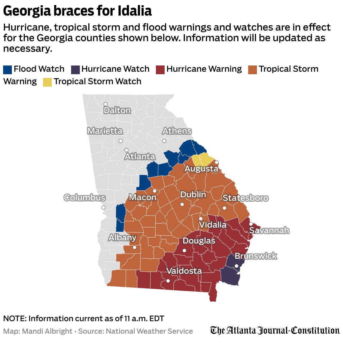 With 61,000 without power, Georgia is preparing for more Idalia threats. Gov. Kemp said authorities are preparing for flash flooding, downed trees and heavy rainfall as the storm carves a menacing path from Florida