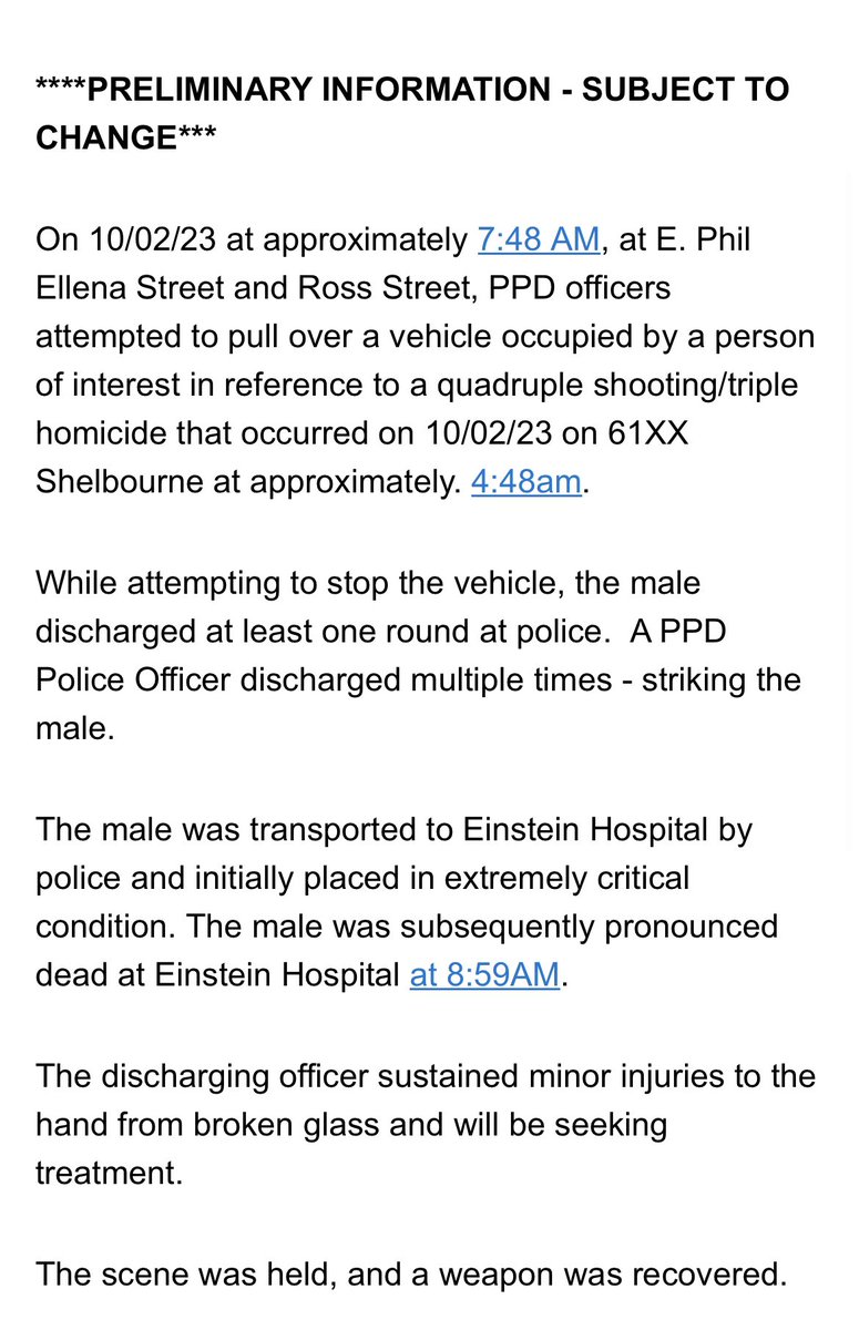 Suspected killer of 3 people early today is dead after being shot by @PhillyPolice at 7:48am  That happened  3 hours after 4 people were shot and 3 of them killed on Shelbourne Street.   Police  tried to stop Honda Pilot he left murder scene in and suspect fired at police