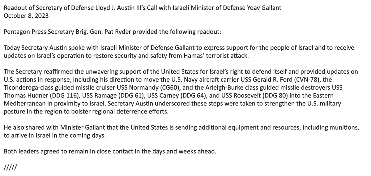 @DeptofDefense readout on call between @Secdef Lloyd Austin & Israel DefMin Yoav Gallant. Austin reaffirmed the unwavering support of the United States for Israel’s right to defend itself & said additional equipment/resources will arrive in Israel in the coming days