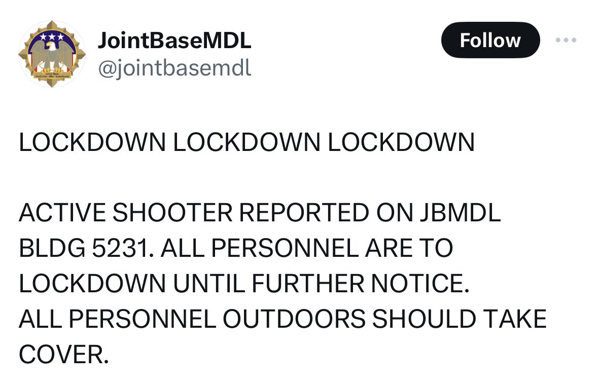 Active shooter warning at Joint Base McGuire-Dix-Lakehurst, New Jersey