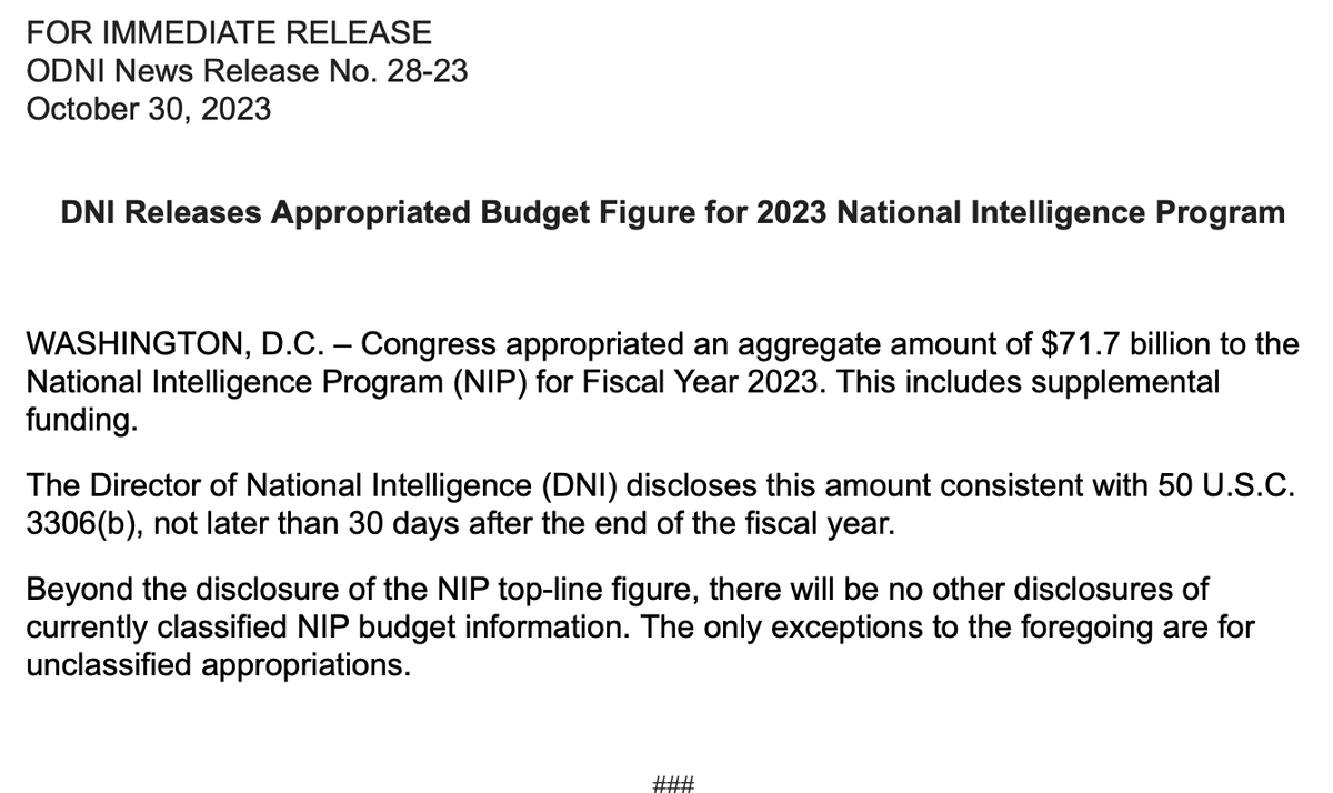 US intelligence programs got $71.7 billion for Fiscal Year 2023, per @ODNIgov The number includes supplemental funding