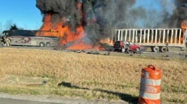 3 dead, 15 injured in fiery crash on I-70 in Licking County, AP reports:  semi-truck reportedly rear-ended a charter bus that was taking students from a school in eastern Ohio