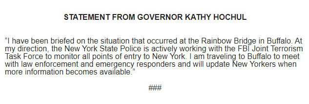 FBI Joint Terrorism Task Force monitoring all points of entry to New York after car explosion in Niagara Falls, Gov. Hochul says