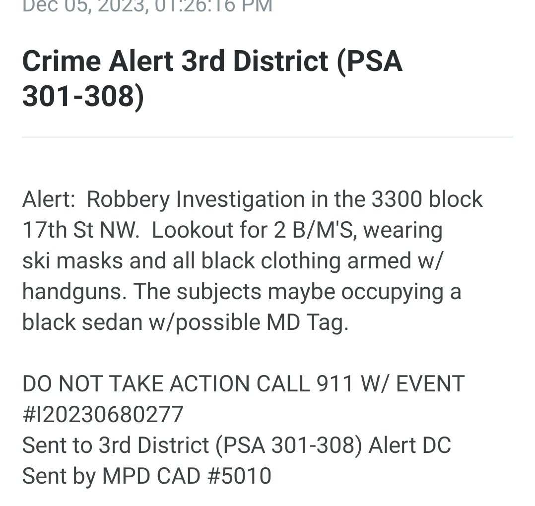 POSSIBLE ROBBERY SPREE-- 6900 blk 9th St NW and 3300 blk 17th St NW DC.  Possibly the same duo is responsible for both street robberies using a stolen car