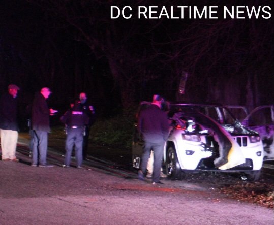 Homicide VEHICLE LOCATED: MPD detectives on scene investigating this Wh. Jeep Cherokee believed to be associated with the Mass Shooting in D.C. the vehicle was located on fire in P.G. County