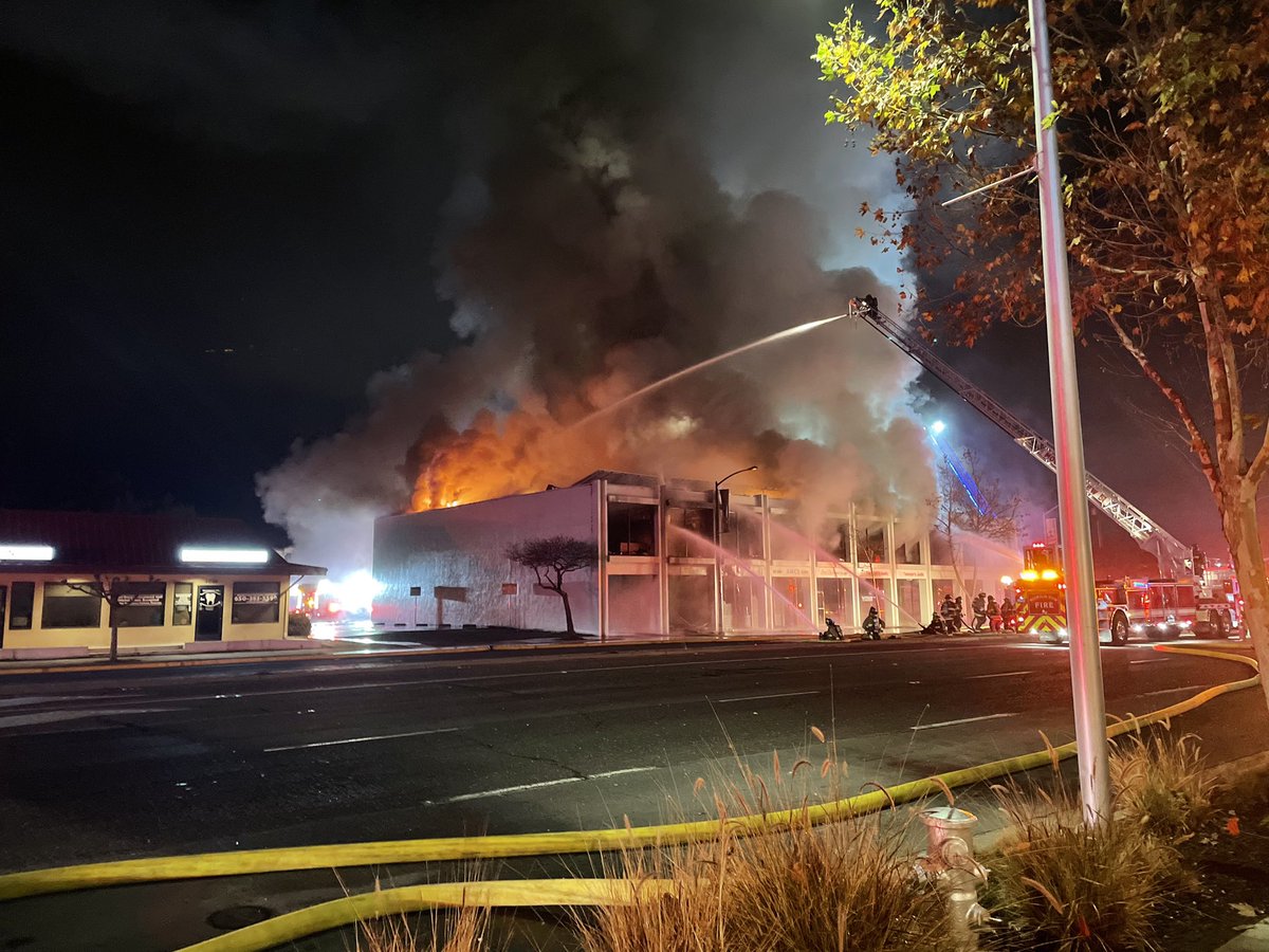 Scene of the Los Altos shopping center fire off of El Camino Real where firefighters are still putting out hot spots more than 24 hours later. Firefighters say there's a concern the building could collapse outwardly