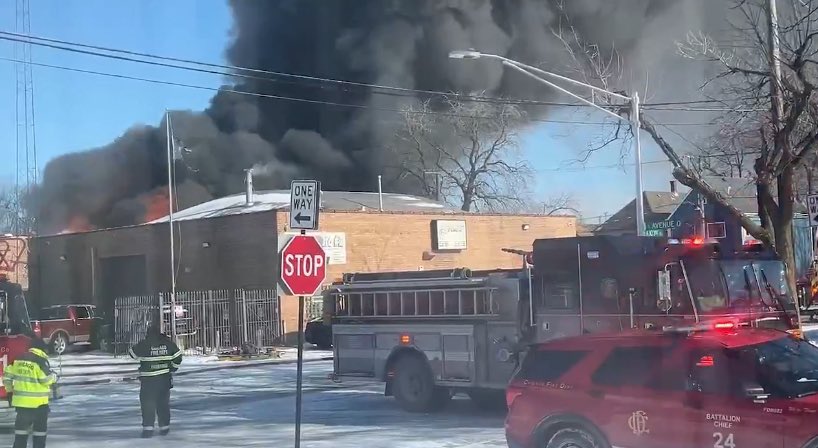 2-11 Alarm 10259 S Ave O Chicago, IL. Heavy fire thru roof 100x200 1 story commercial.