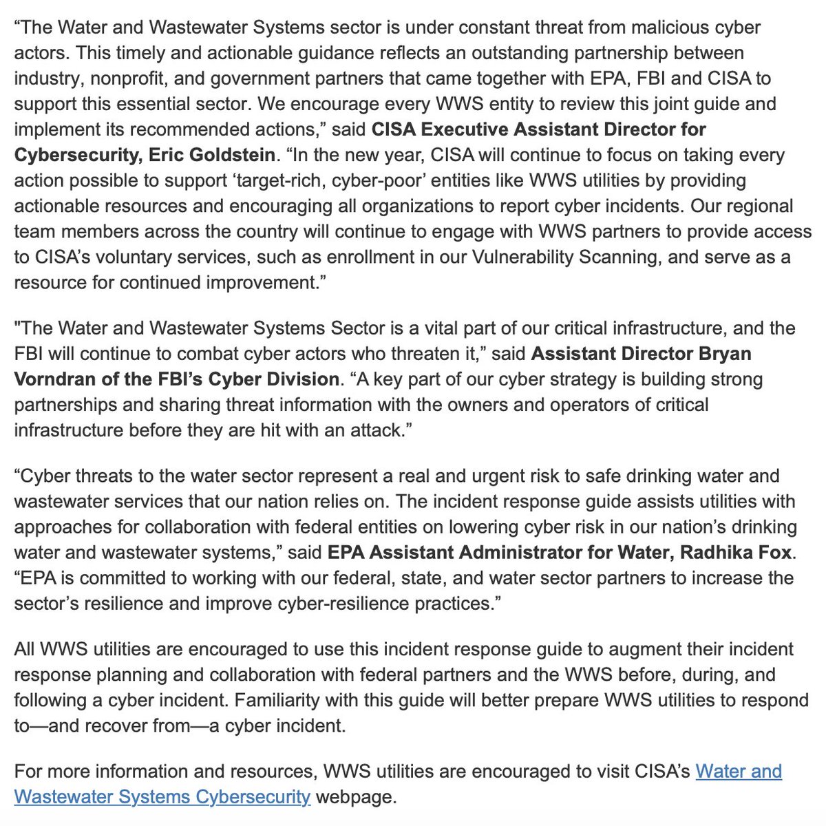 US bracing for more cyberattacks on the country's Water and Wastewater (WWS) Sector @CISAgov @FBI @EPA issues new guide for incident response/improved resilienceCyber threats “a real & urgent risk to safe drinking water & wastewater services per EPA Asst Adm Radhika Fox