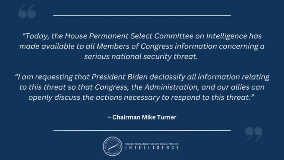 House Intelligence Chairman Mike Turner says all members of Congress have access to info on “a serious national security threat”. Turner requested Biden to declassify all information relating to the threat