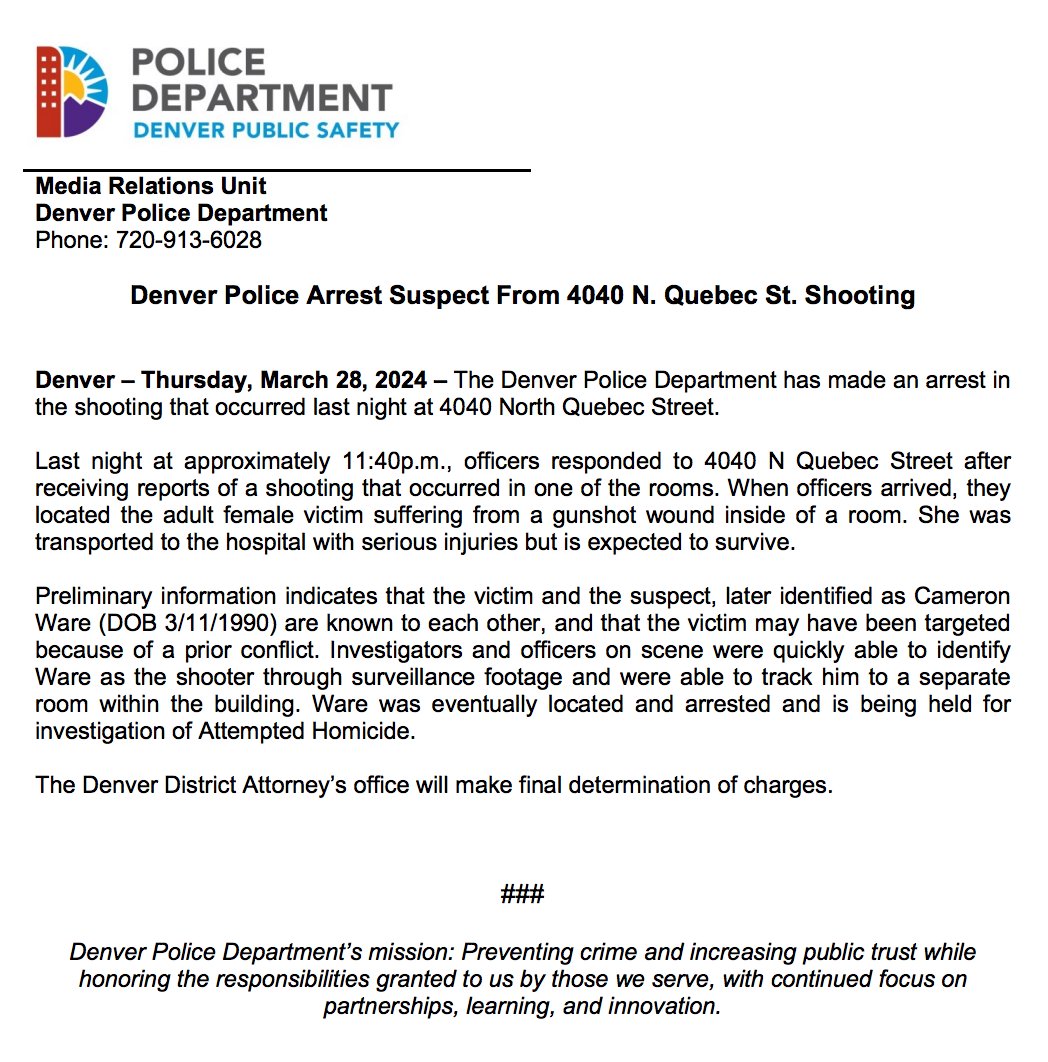 Denver Police Arrest Suspect From 4040 N. Quebec St. Shooting