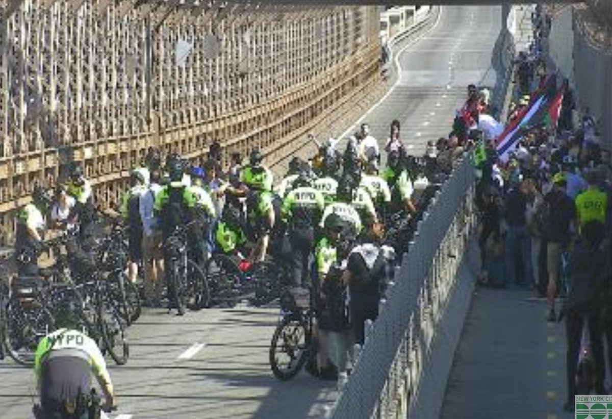 Around mid-span on the Manhattan-bound BrooklynBridge, many protestors have moved to the bike lane, while @NYPDnews operates in the roadway
