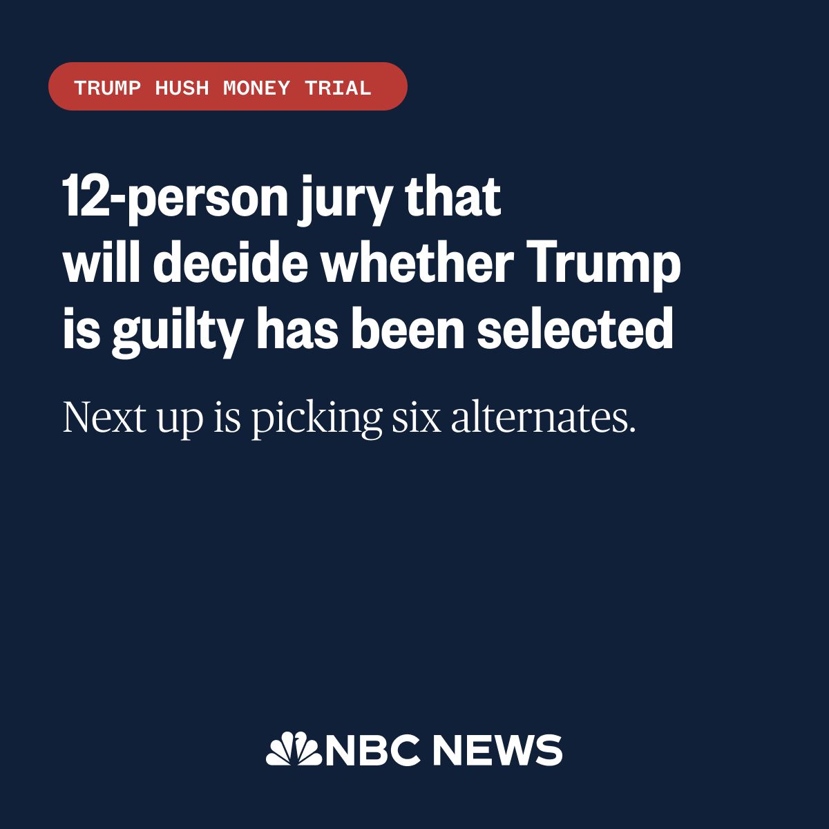 The 12-person jury in former President Trump's hush money trial has been selected. Six more jurors be selected to serve as alternates