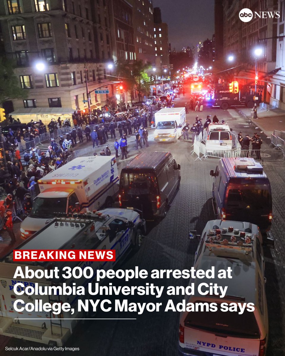 Roughly 300 people were arrested at Columbia University and City College Tuesday night, New York Mayor Eric Adams said.Follow along for live updates from campus protests across the country: