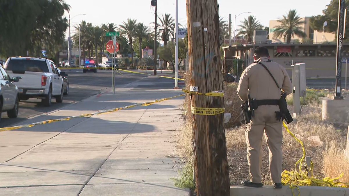 Authorities are searching for a suspect after a homeless man was found fatally shot near the Las Vegas Arts District this morning