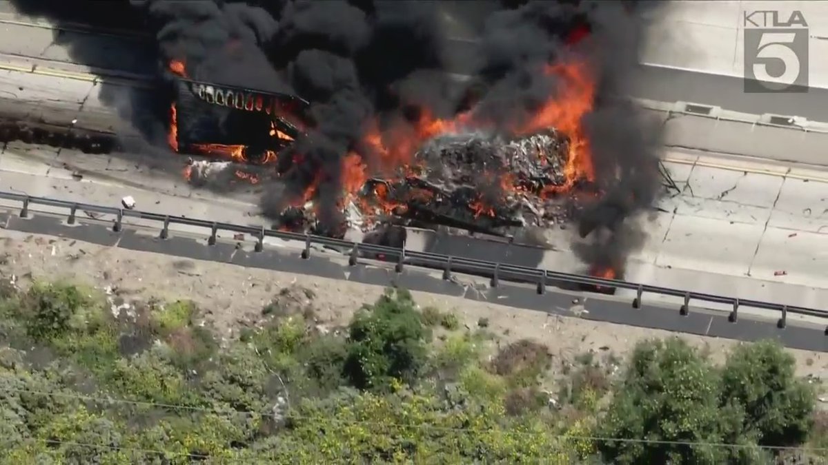 Semi-truck carrying meat incinerated by massive fire on Los Angeles highway