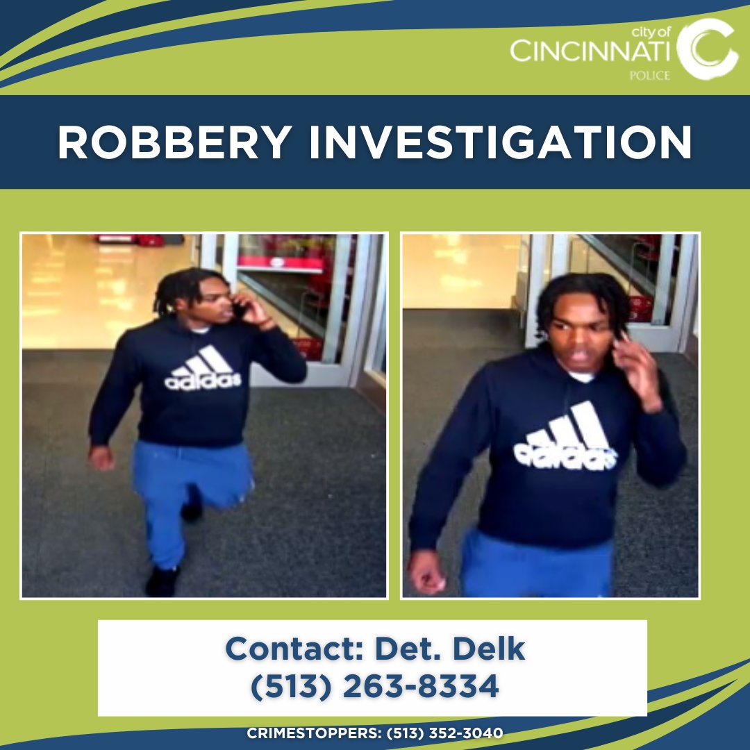 Cincinnati Police Department District 3 is investigating a Robbery that occurred at 6150 Glenway Avenue on May 13, 2024, at approximately 7:30 PM. Anyone with information on the identity of the individual pictured below is asked to contact the District Three Investigative Unit
