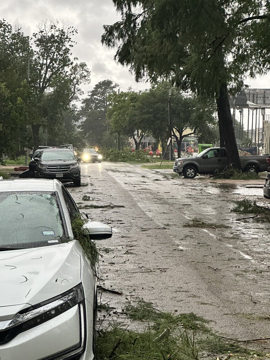 Near downtown Houston, TX.  Roofs and walls blown off buildings, trees down as well.  This is in the Heights area.