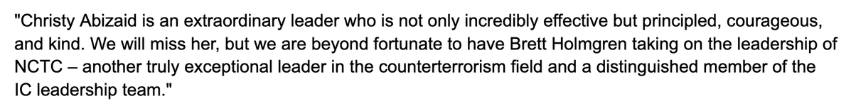 National Counterterrorism Center Director Christine Abizaid will step down in July, to be replaced by Bret Holmgren from INR (@StateDept's intel unit, and former CIA, DIA). We will miss her, Director of National Intelligence Avril Haines tells in a written statement