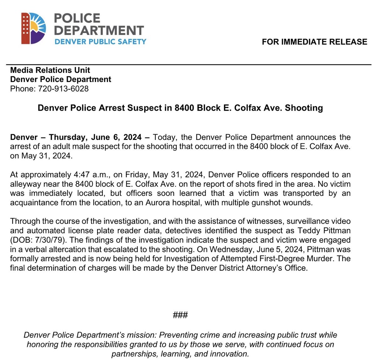 Denver Police Arrest Suspect in 8400 Block E. Colfax Ave. Shooting