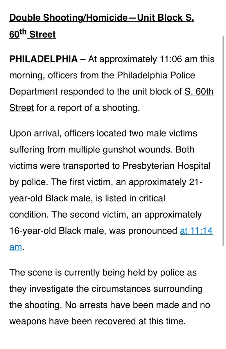 16 year old shot  and  killed at 60th and  Market Streets.   21 year old shot is critical @PhillyPolice report on scene of shooting that happened 11:06am