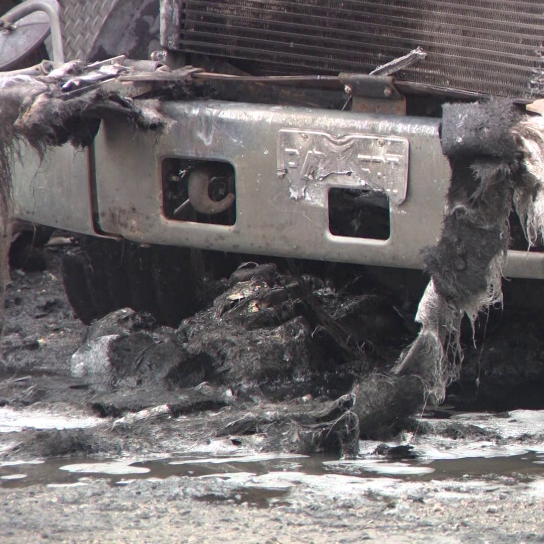 These three dump trucks went up in flames at a West Palm Beach lot on Tuesday morning, authorities say