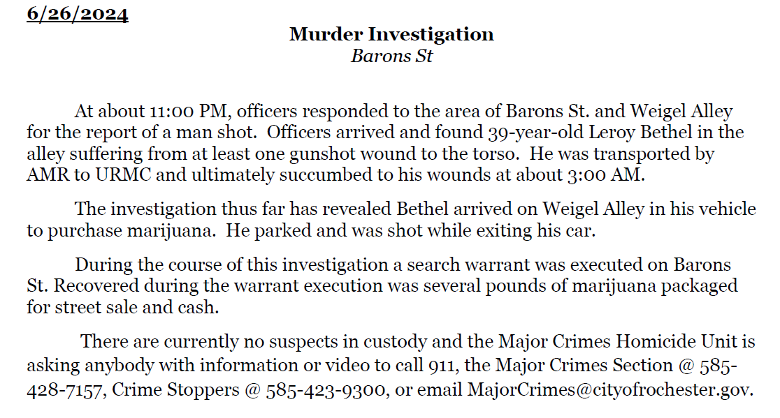 Man shot and killed on Barons St. last night while going to buy marijuana at a drug house