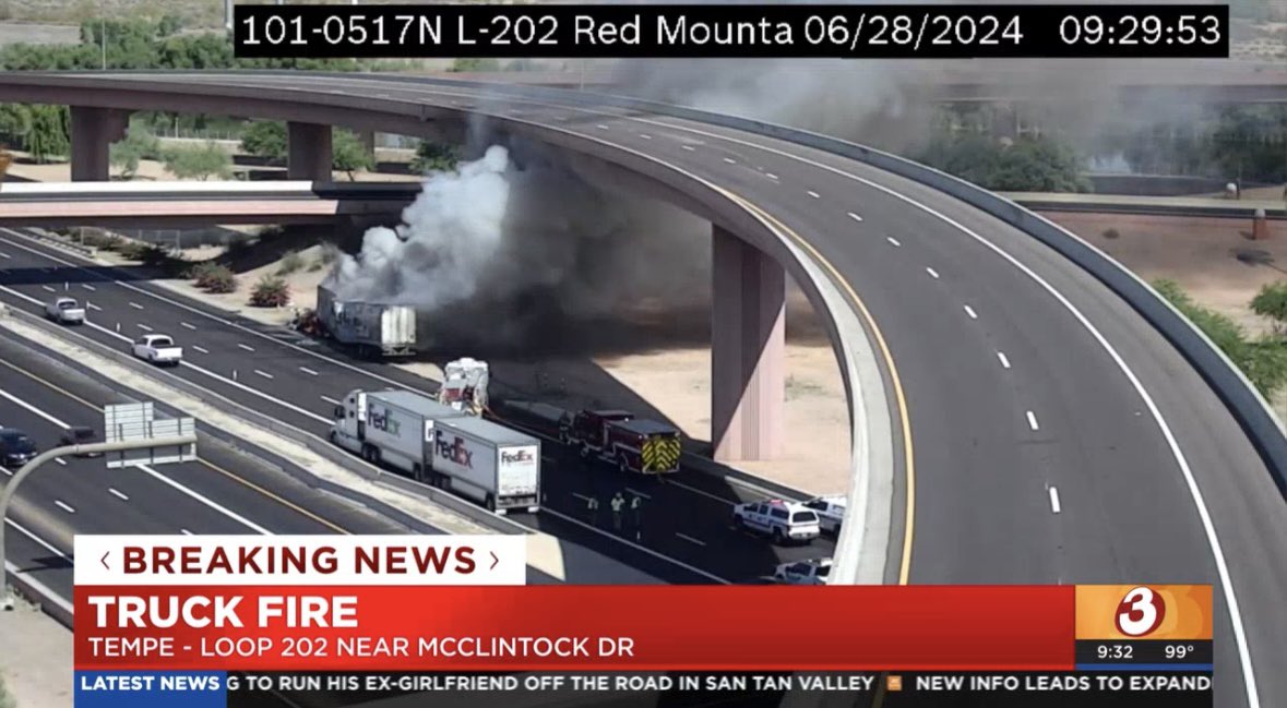 Semi that's caught fire on the Loop 202. This is in Tempe by the Tempe Marketplace  Crews are on the scene and the on ramp has been shut down