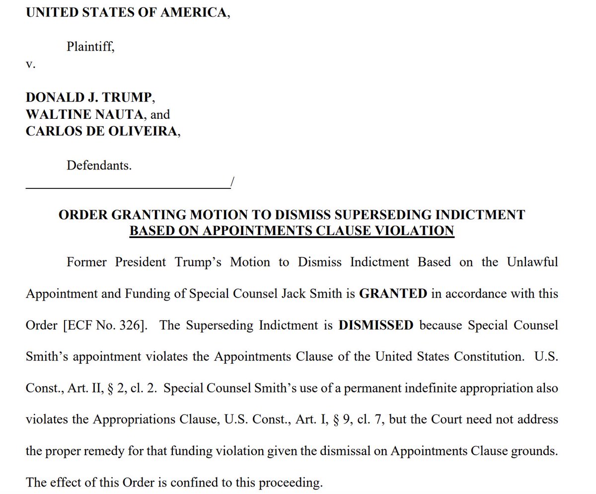 Judge Cannon has dismissed the Trump documents case, citing violation of appointments clause