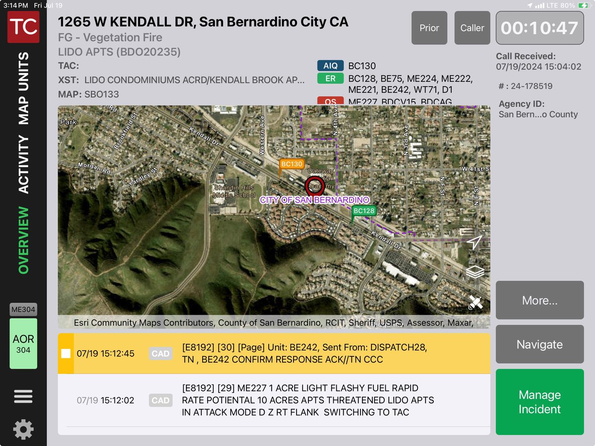 SAN BERNARDINO: SBCoFD on scene of a VEGETATION FIRE 1265 W. Kendall. BC128 Kendall IC advising 1-2 acres on the hillside light fuels with a mod-&gt;rapid rate of spread.  Fire currently moving away from nearby structures.