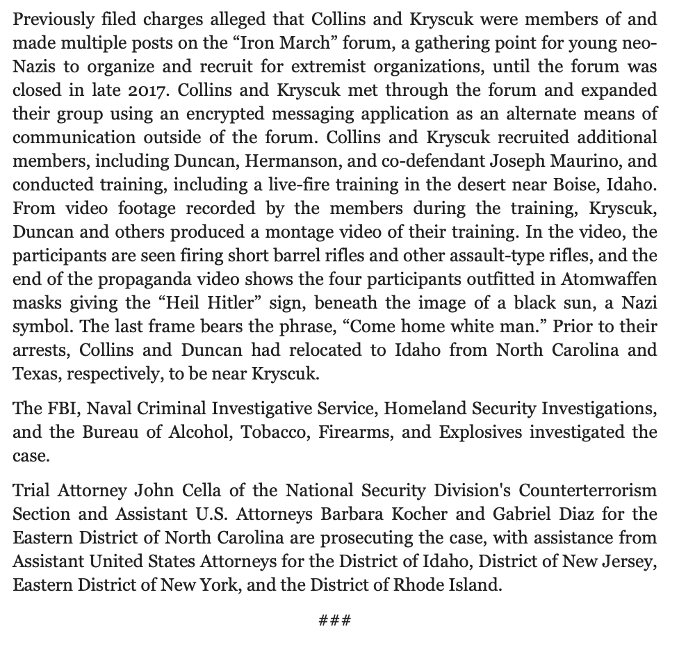 3 men -part of a self-described ‘modern day SS'- sentenced for plot to attack US power grid. Per @TheJusticeDept, 38yo Paul James Kryscuk of Idaho; 25yo Liam Collins of RhodeIsland; and 25yo Justin Wade Hermanson of NorthCarolina each got 1 year, 9 months in prison