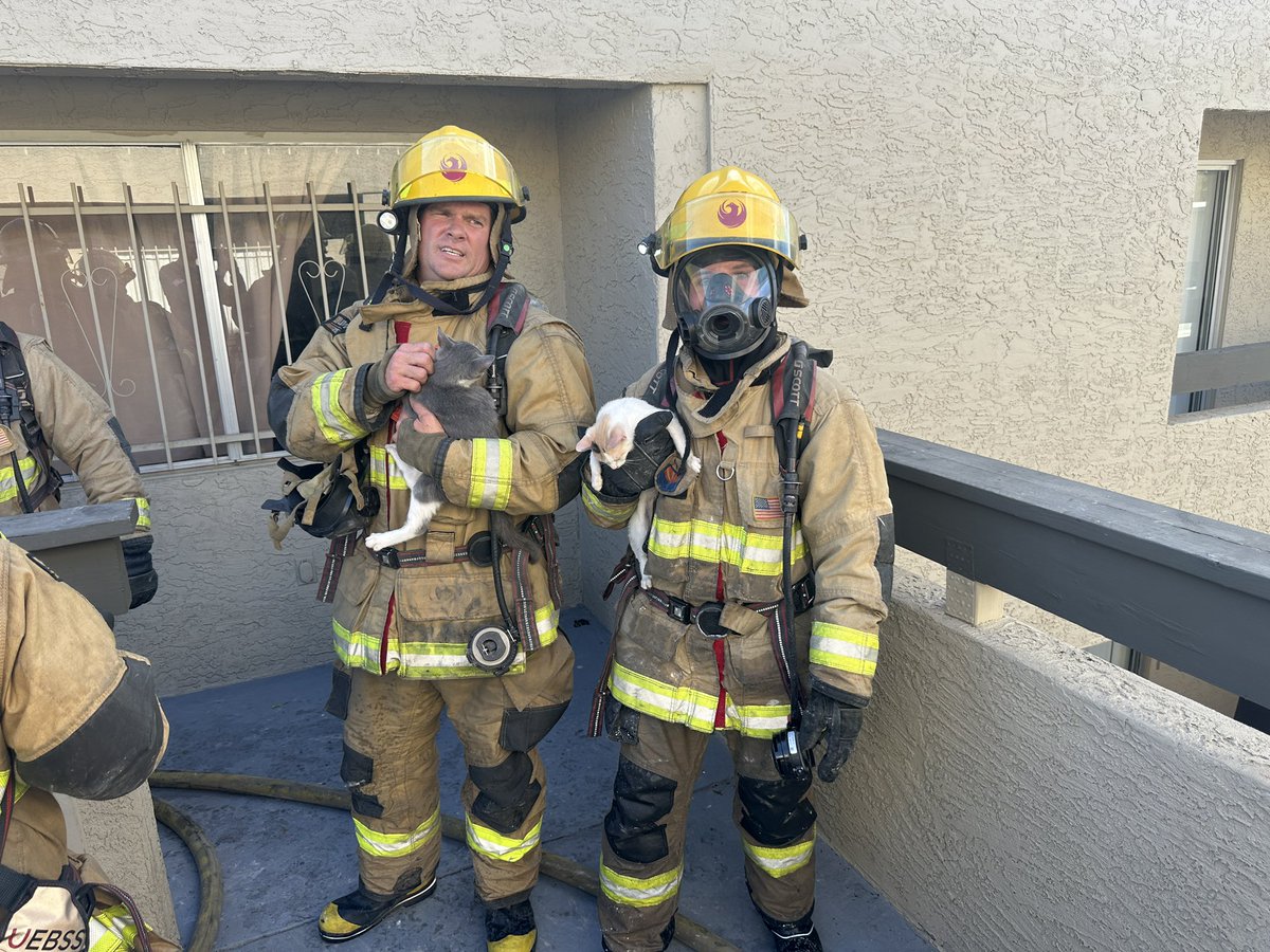 PHXFire extinguished an apartment complex fire near 43rd Ave and Indian School Rd this afternoon. Multiple units were affected, and up to 15 people were displaced. No injuries reported, and three kittens were rescued by firefighters and safely reunited with owners