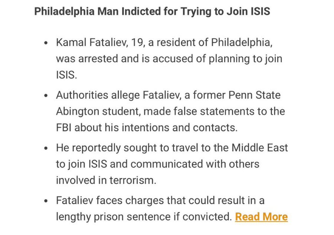 Un ancien étudiant de Penn State a été arrêté et accusé d'avoir prévu de rejoindre l'Etat islamique, selon le Philadelphia Inquirer.