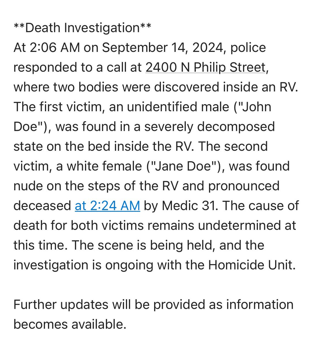 Couple found dead in a Recreational Vehicle parked on small street in North Philadelphia alongside old warehouse building & lot.  Male “severely decomposed” @PhillyPolice report.  “White female found nude on the steps of the RV.  The cause of deaths of both victims undetermined.”