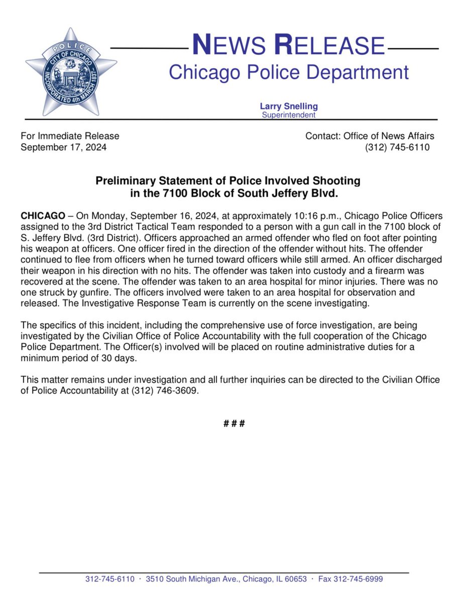 Preliminary Statement of Police Involved Shooting in the 7100 Block of S. Jeffery BIvd.