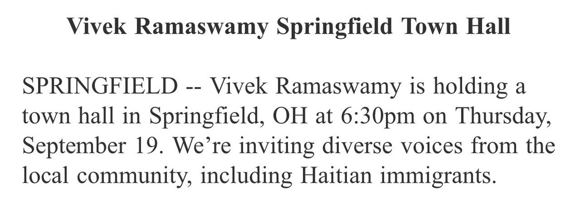 Vivek Ramaswamy organise une réunion publique à Springfield, Ohio, jeudi