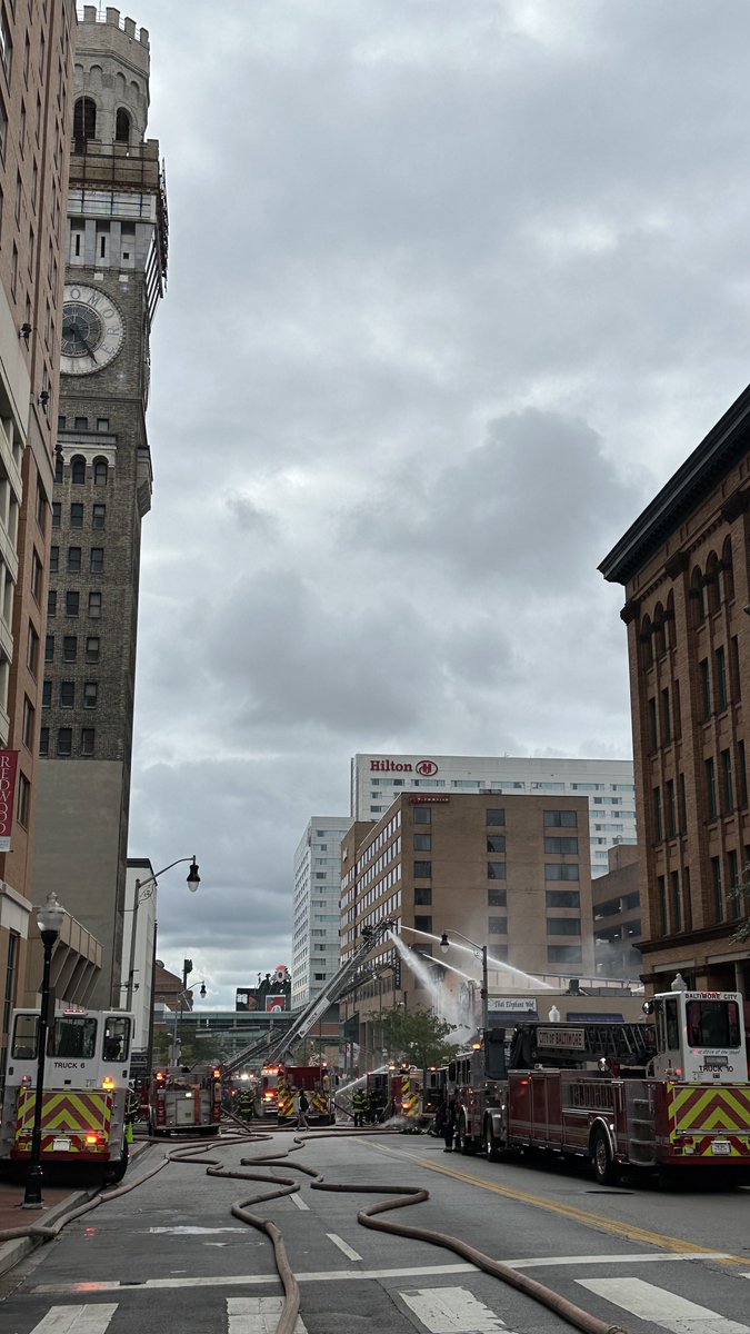 The 1st alarm was dispatched at 9:26 AM. 2nd - 9:33. 3rd - 9:40. 4th - 9:51. 5th - 10:04 Fire under control at 11:54 A MMany roads remain blocked. @mtamaryland Light Rail is running again. This fire is across the street from @BaltimoreFire Steadman Station & the Bromo Seltzer Tower