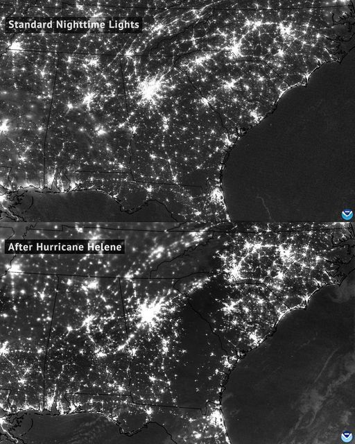 In these photos from space taken before and after Helene, you can clearly see the path the hurricane took by looking at the large swath of darkness that shows where power was knocked out