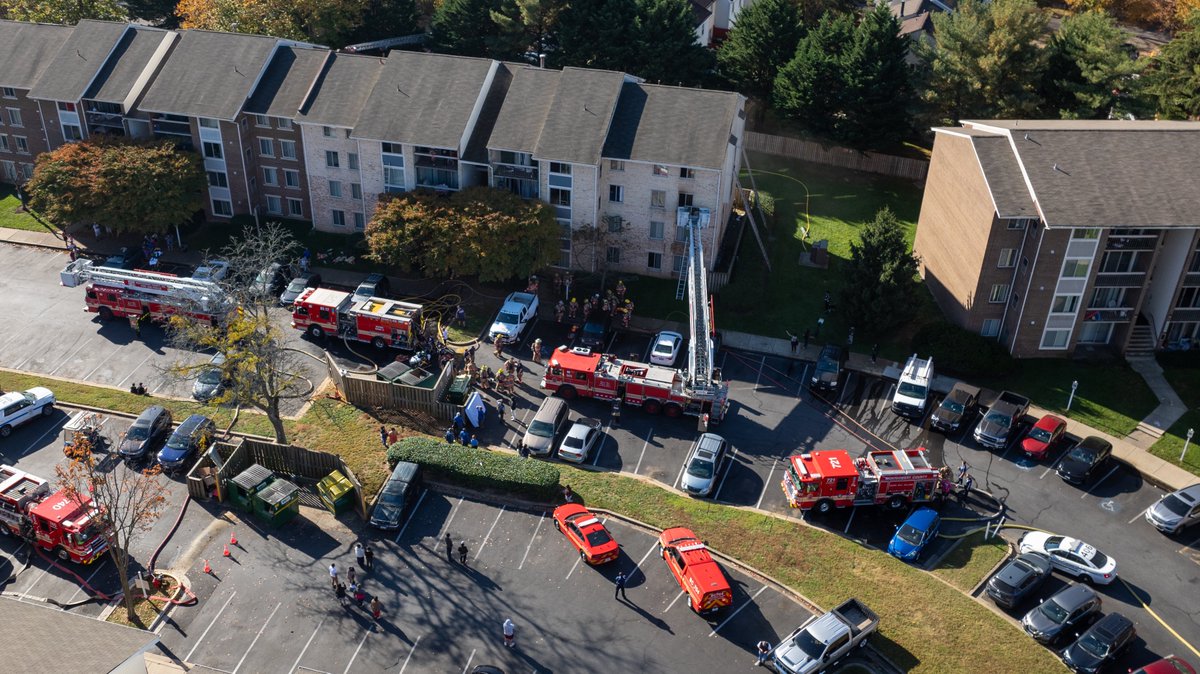 Silver Spring, MD - Aerial from the scene of a two alarm fire in the 3500blk of Peartree Court.